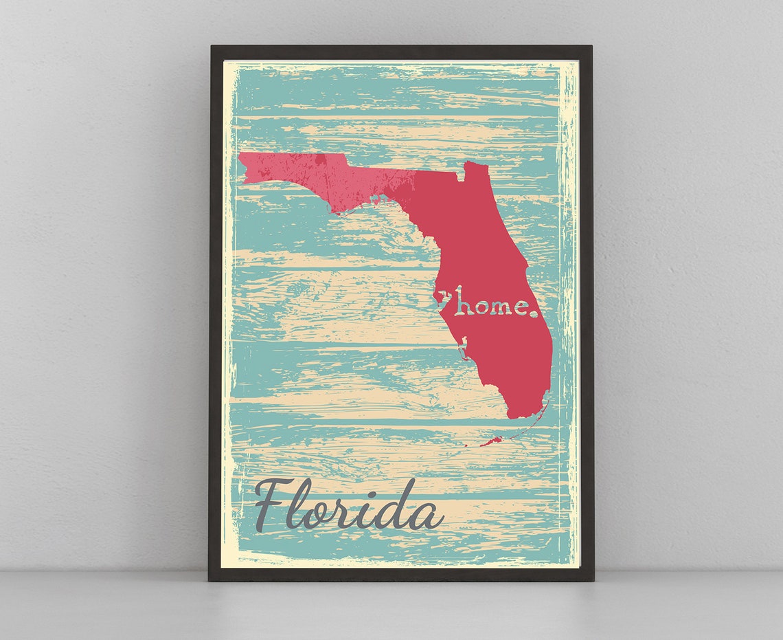 Florida Retro Home Script Vintage Distressed Wood Map Wall Art
