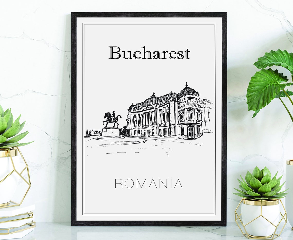 Bucharest Romania Romanian Athenaeum Equestrian Statue Sketch Poster