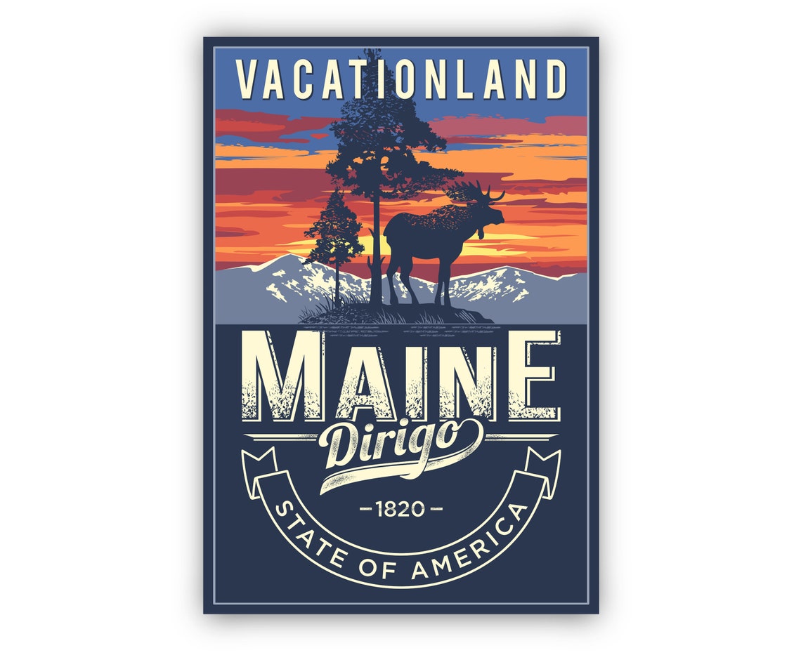 Maine Vacationland Moose Sunset Retro Dirigo State Travel Poster - Image 2