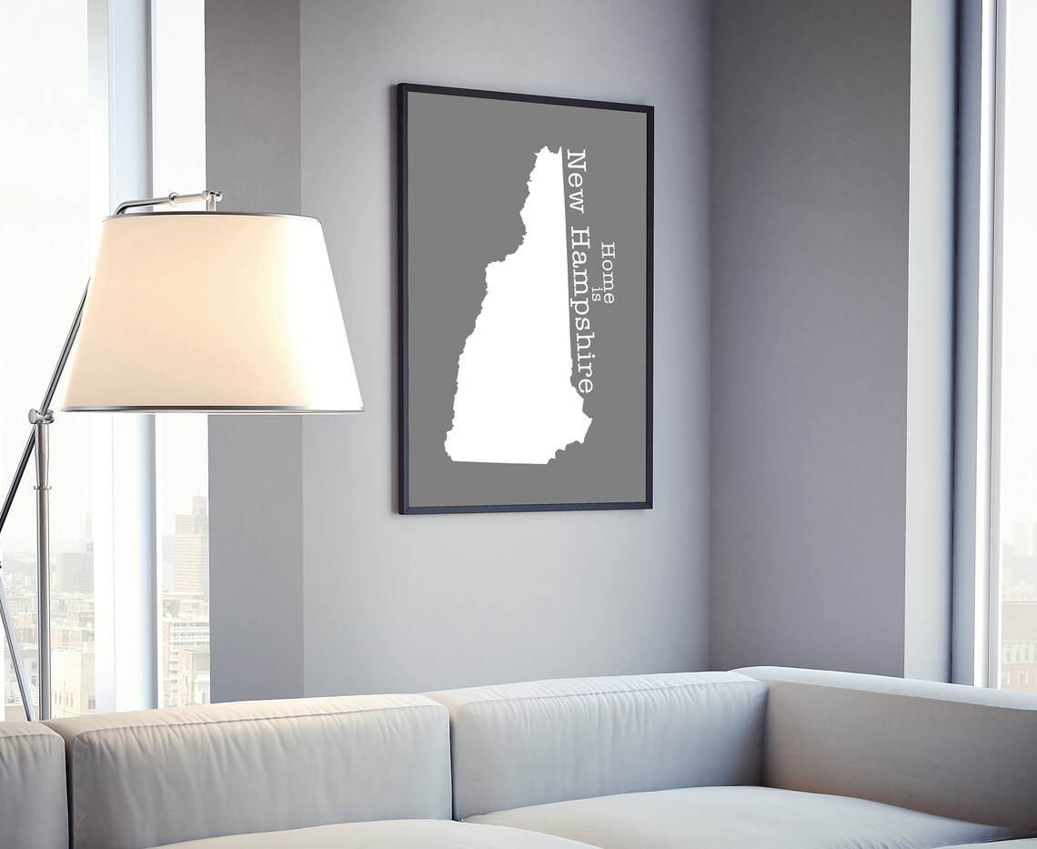 New Hampshire Home Is Gray Minimalist State Map Silhouette Wall Art - Image 4