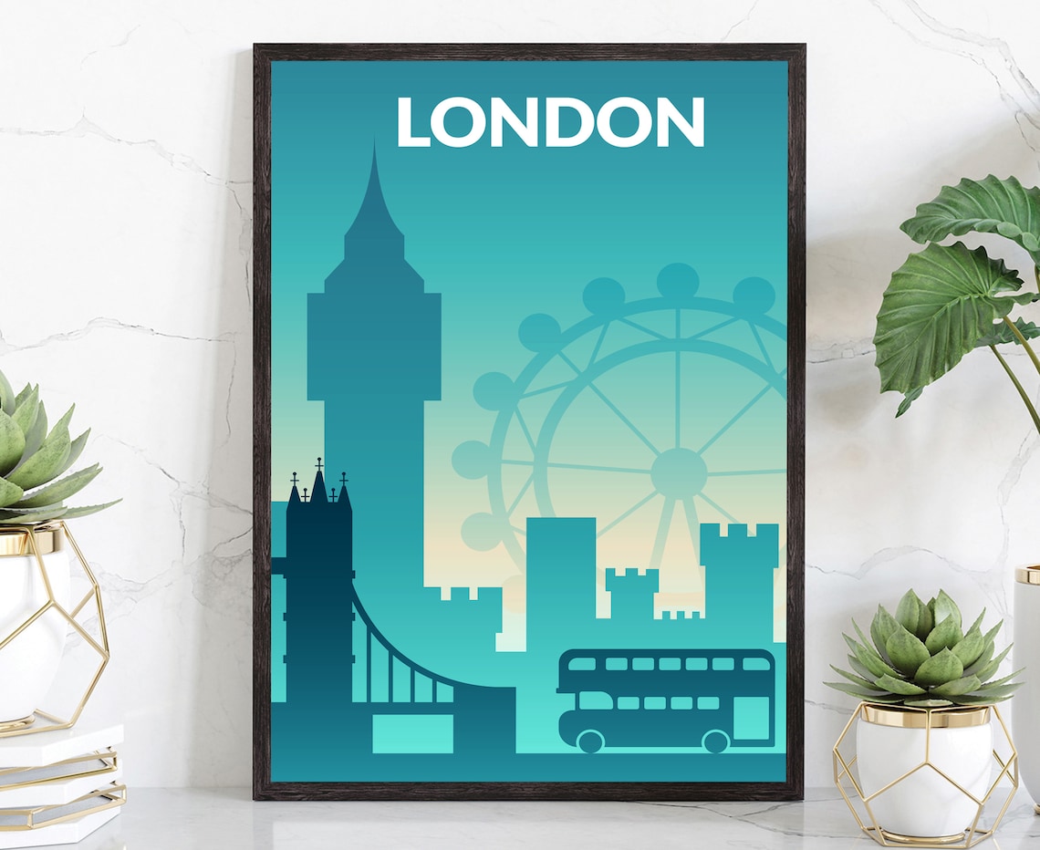 London England Teal Big Ben Skyline Silhouette Landmark Travel Poster