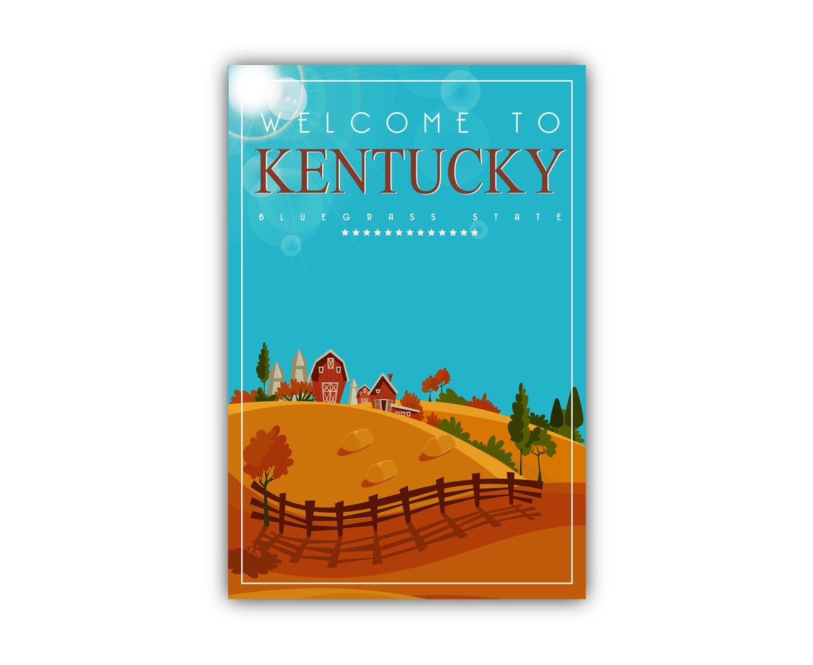 Kentucky Bluegrass State Retro Red Barn Golden Fields Travel Poster - Image 2