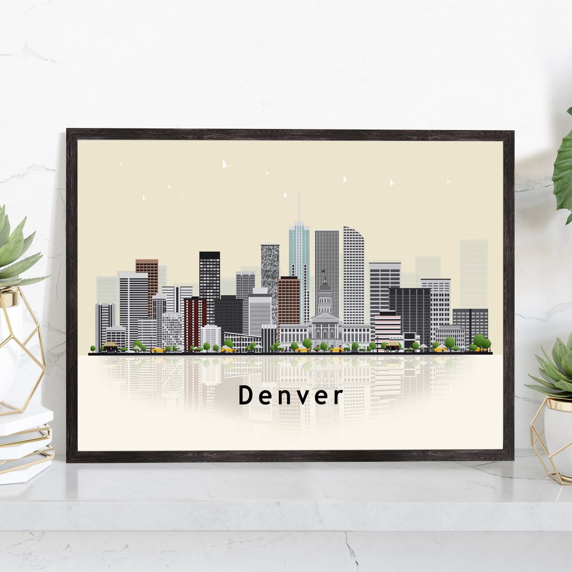 Denver Colorado State Capitol Dome Flat Skyline Travel Poster