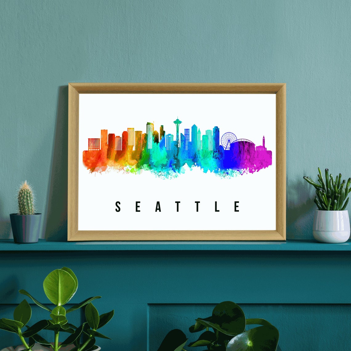 Seattle Washington Space Needle Great Wheel Watercolor Travel Poster - Image 2