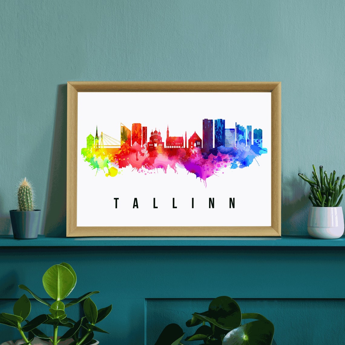 Tallinn Estonia Rainbow Watercolor Old Town Skyline Silhouette Poster - Image 3