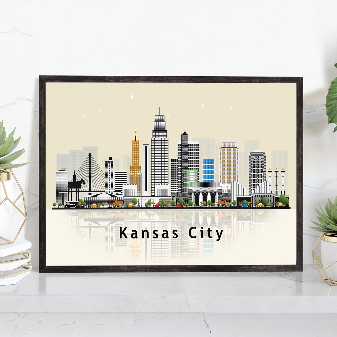 Kansas City Skyline Landmark Illustration Reflection Urban Wall Poster