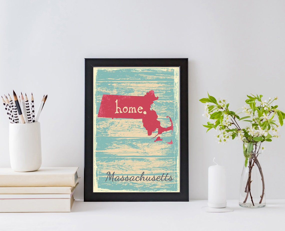 Massachusetts Home Red State Silhouette Retro Teal Map Print Wall Art - Image 2
