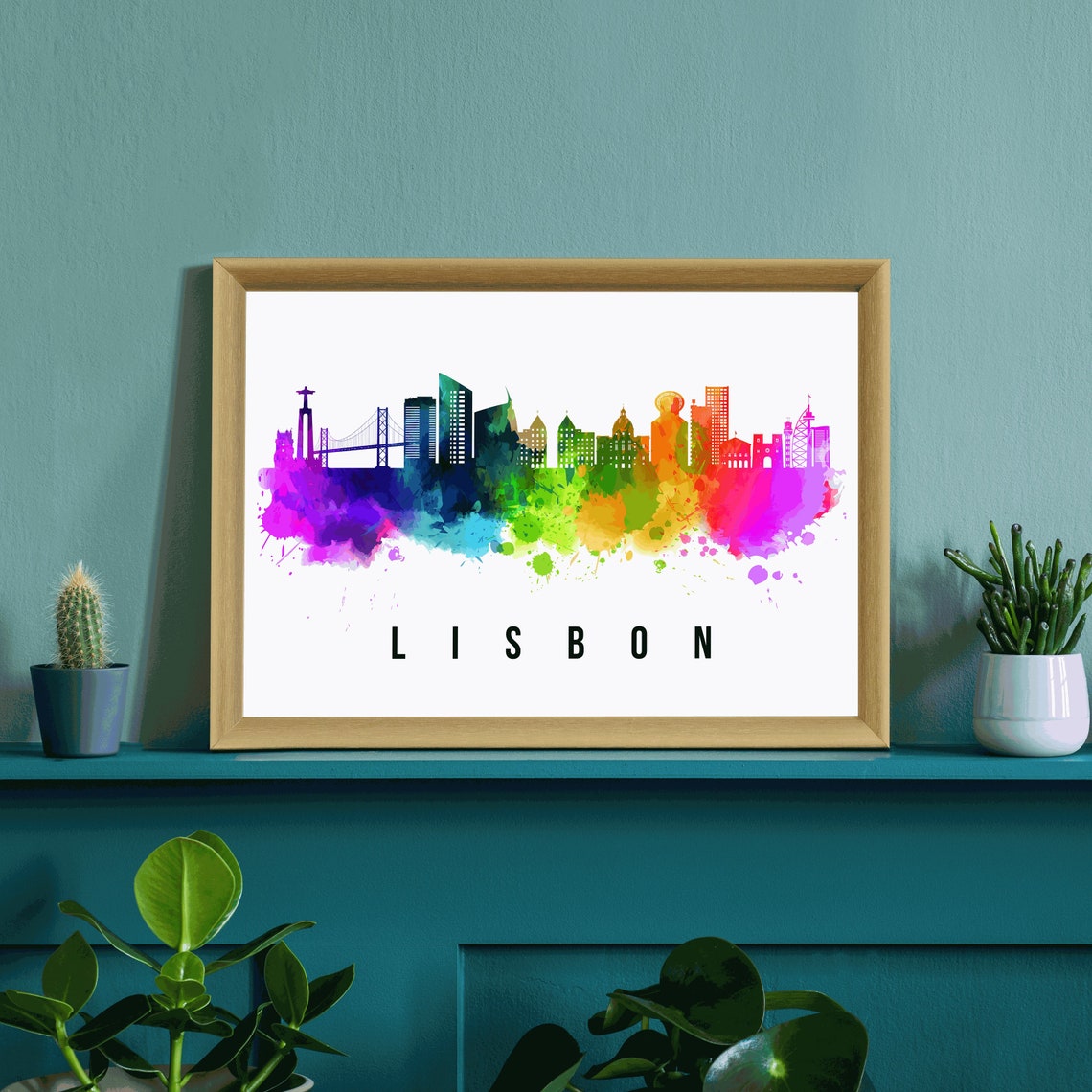 Lisbon Portugal Rainbow Watercolor Skyline Silhouette Art Poster - Image 3