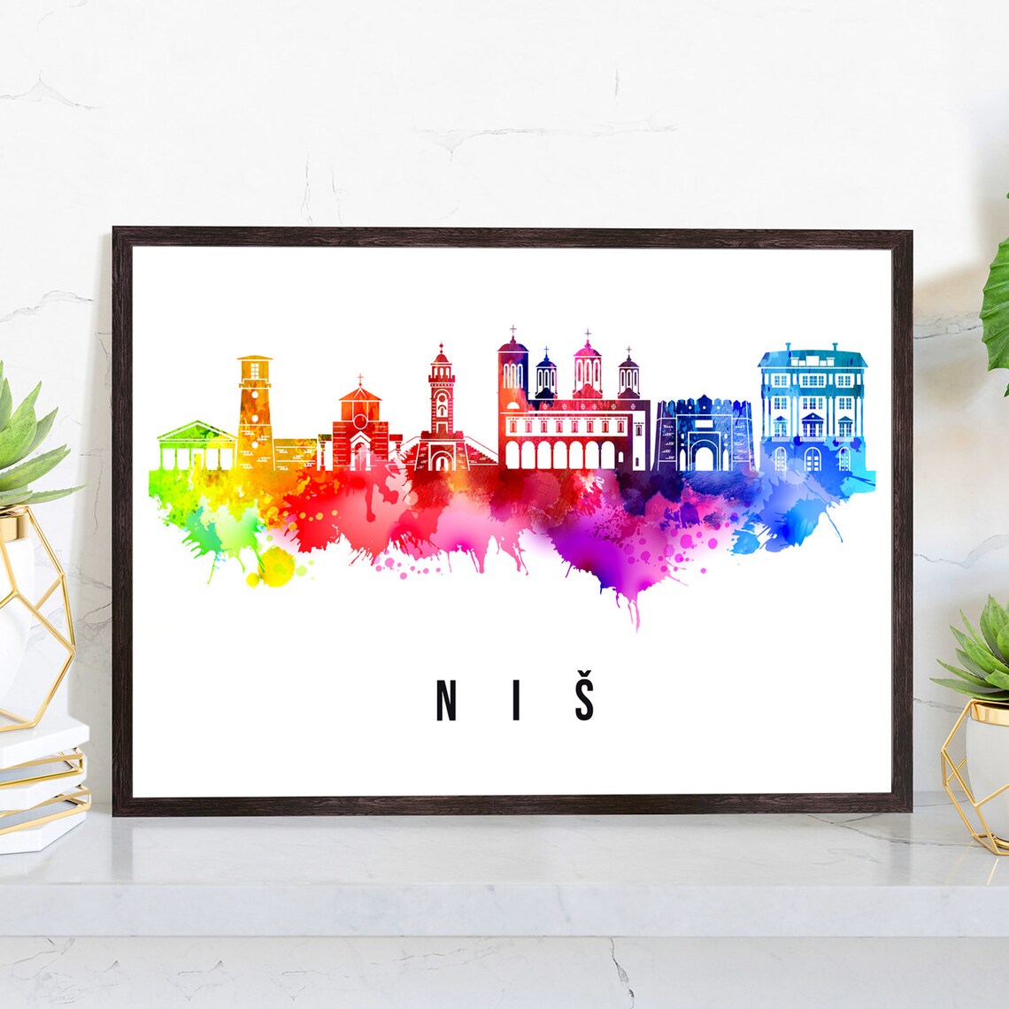 Nis Serbia Watercolor Rainbow Skyline Landmark Cityscape Art Poster