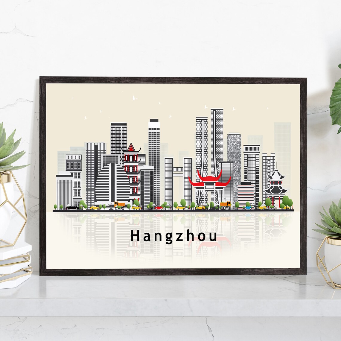 Hangzhou China Modern Skyline Illustration Landmarks Travel Poster