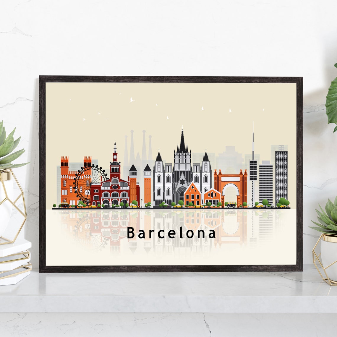 Barcelona Spain Sagrada Familia Skyline Illustration Wall Art Poster