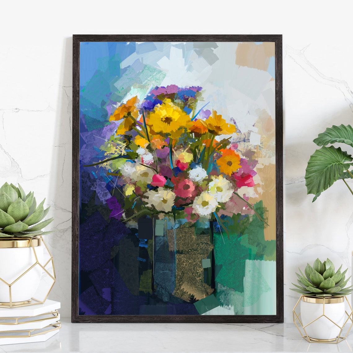 Abstract Multicolor Daisy Bouquet Geometric Floral Art Poster