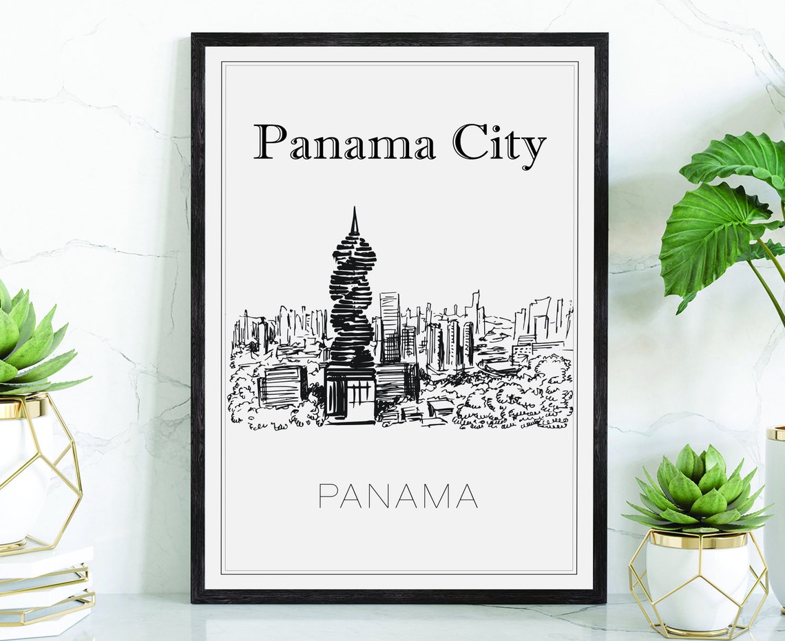 Panama City Panama Hand Drawn Ink Skyline Tower City Art Poster