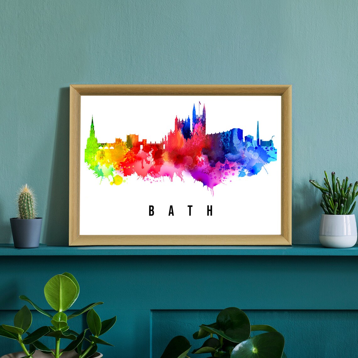 Bath England Rainbow Watercolor Skyline Abbey Towers City Art Poster - Image 3