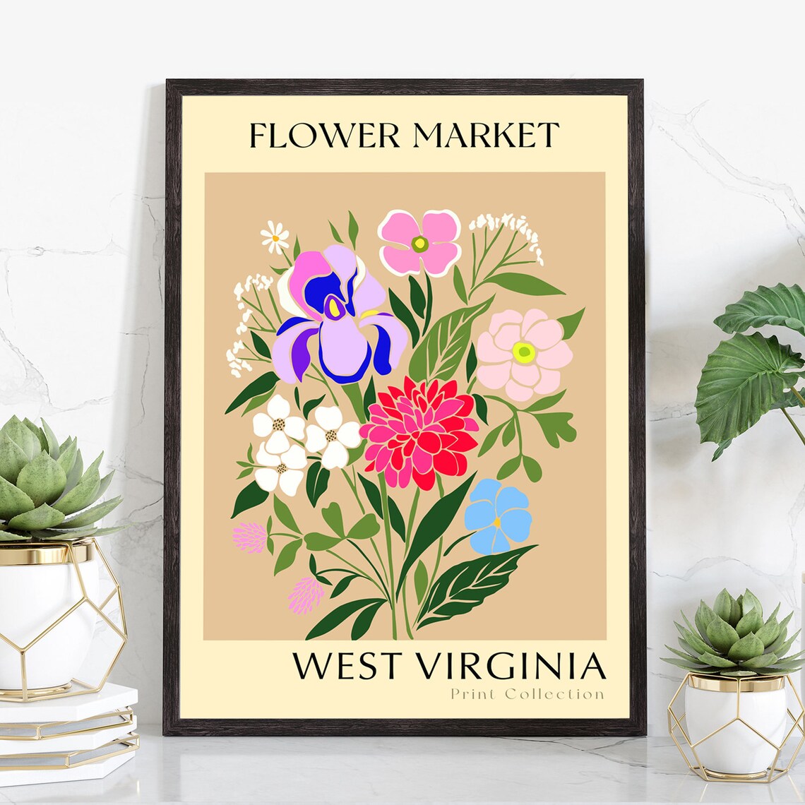 West Virginia Flower Market Botanical Bouquet Vintage Floral Print