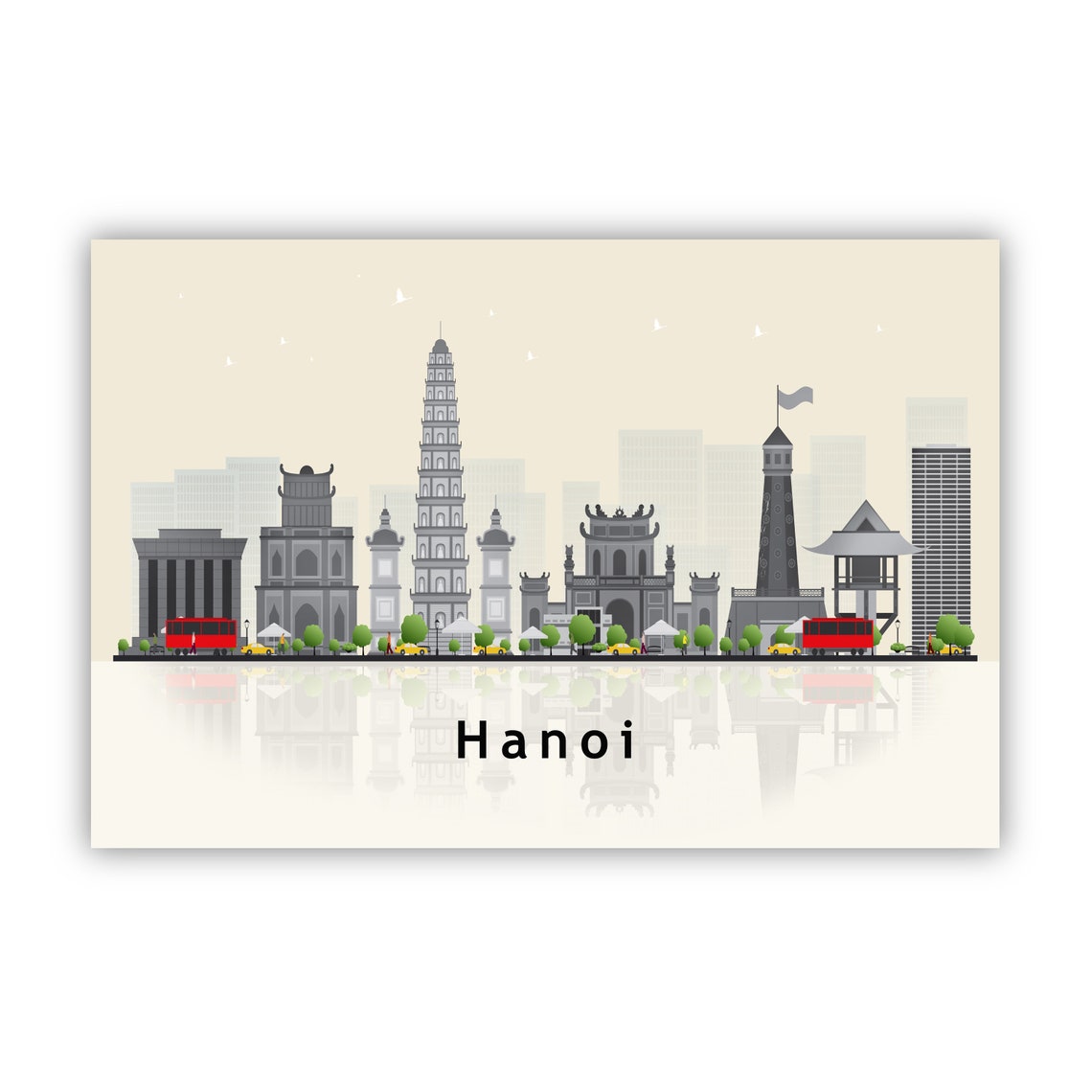 Hanoi Vietnam Historic Skyline Gray Flat Vector Travel Poster - Image 2
