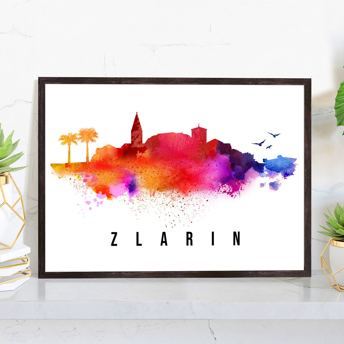 Zlarin Croatia Island Watercolor Skyline Church Palms Travel Poster