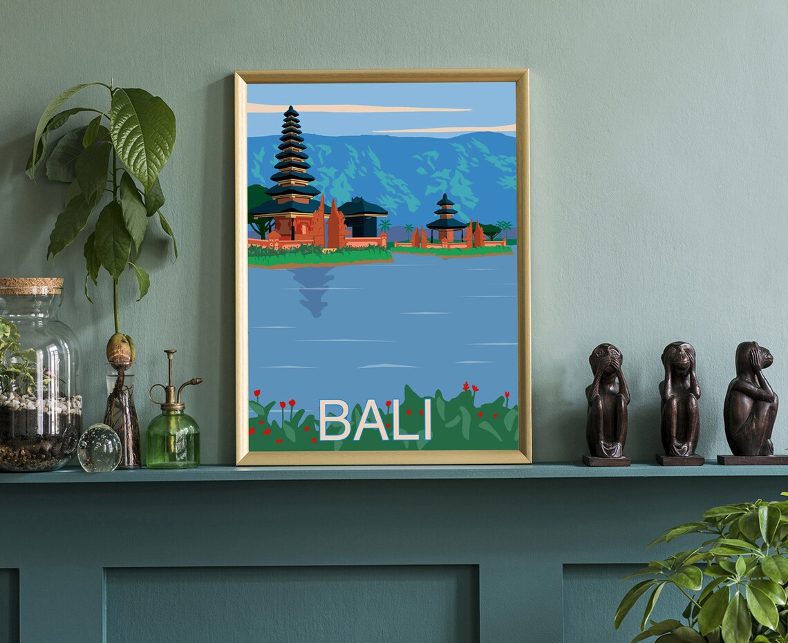Bali Indonesia Temple Lake Retro Vintage Tropical Travel Poster - Image 3