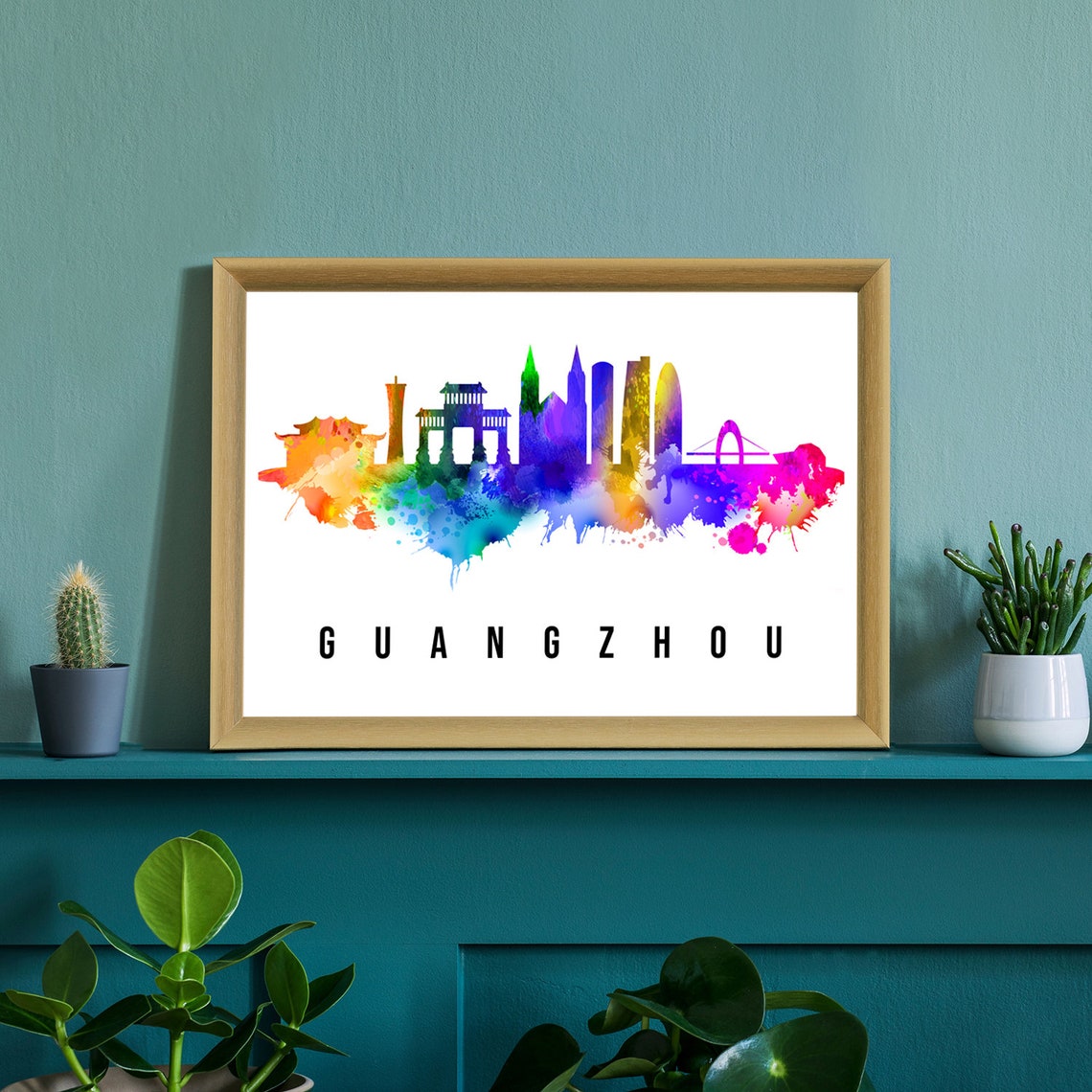 Guangzhou China Rainbow Watercolor Skyline Pavilion Towers Poster - Image 2