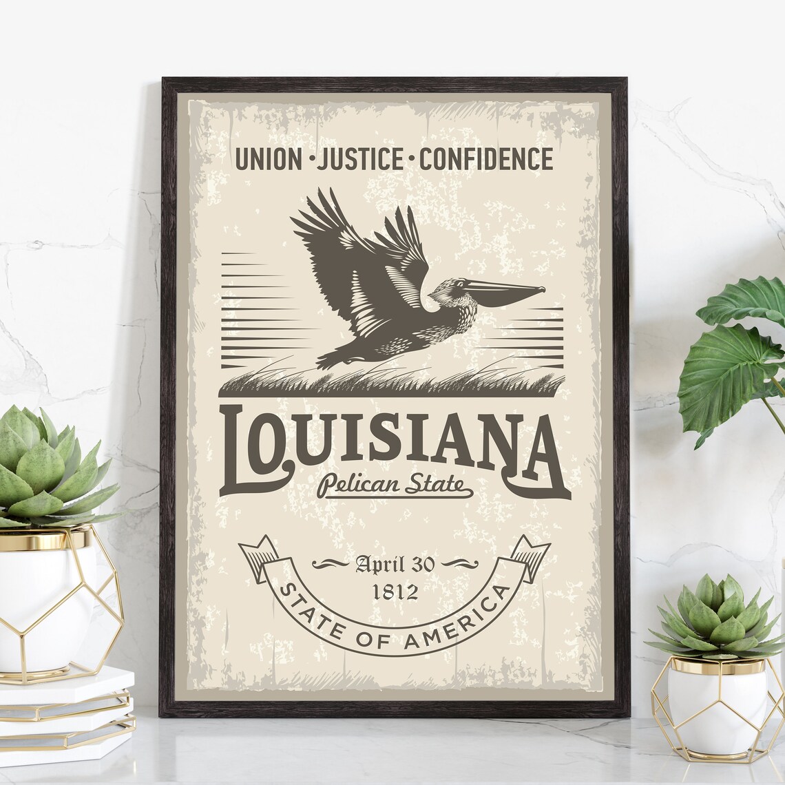 Louisiana Pelican State Retro Emblem Travel Poster Brown Pelican Print