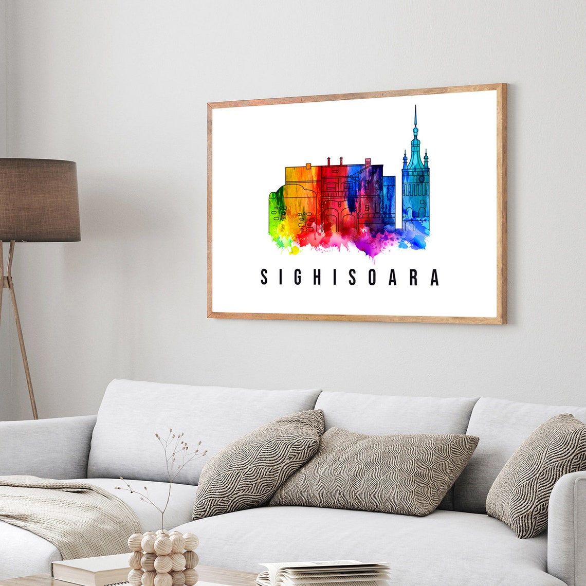 Sighisoara Romania Rainbow Watercolor Skyline Clock Tower Poster - Image 3