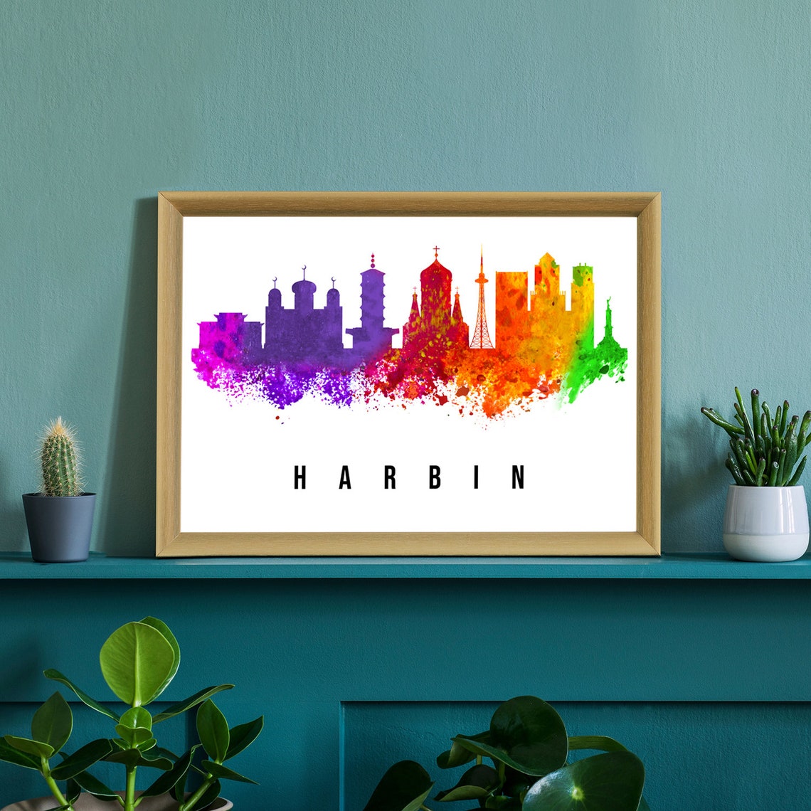 Harbin China Colorful Watercolor Skyline Silhouette Travel Poster - Image 2