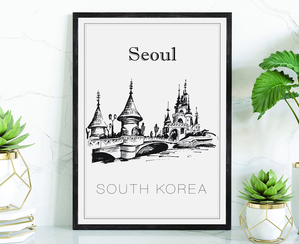 Hand Drawn Poster South Korea Travel Poster Seoul Poster Wall Art Seoul Cityscape And Landmark Map City Map Poster For Home Office
