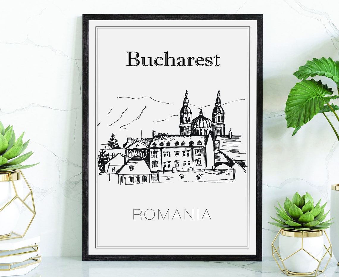 Bucharest Romania Historic Church Dome Twin Towers Sketch Poster