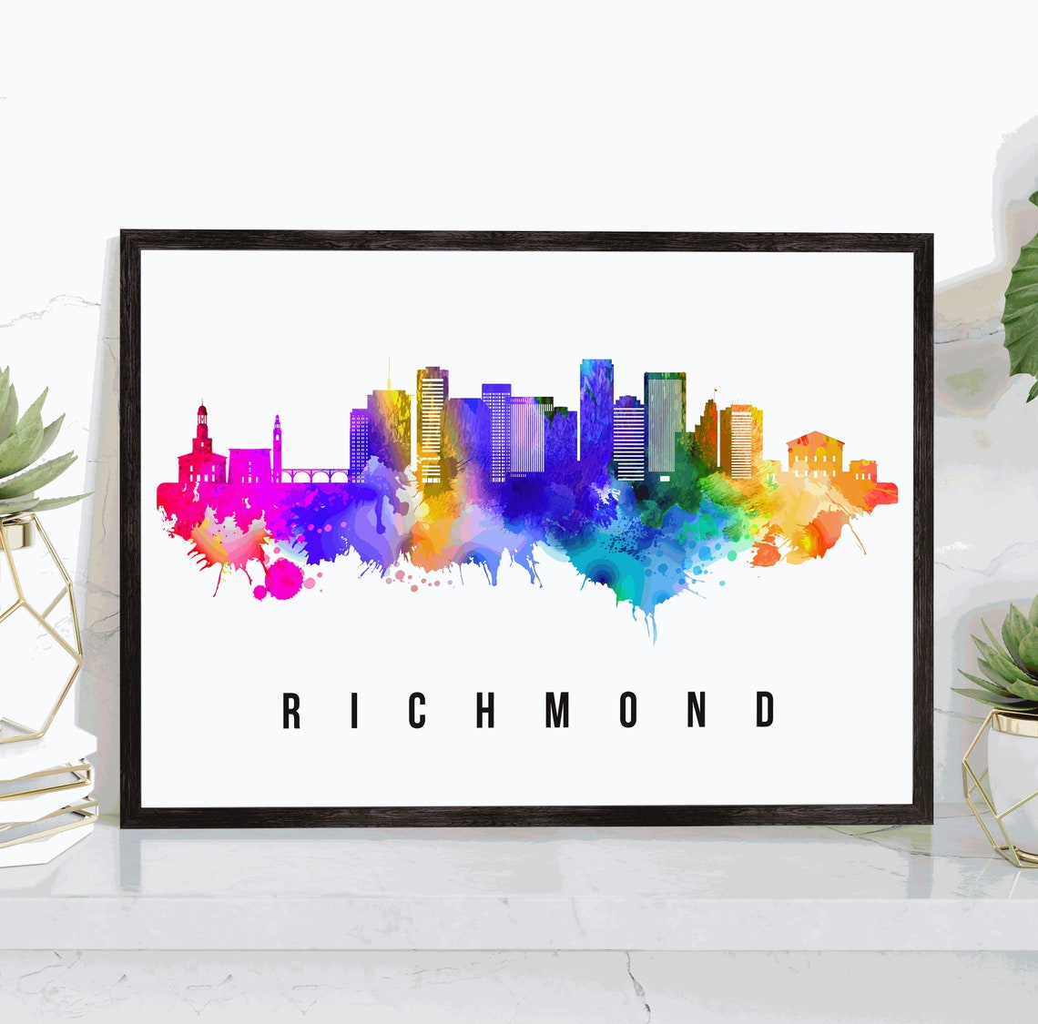 Richmond Virginia Rainbow Watercolor Skyline Art Travel Poster