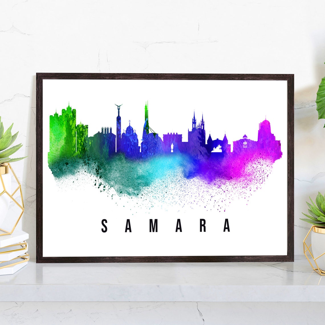 Samara Russia Watercolor Silhouette Skyline Church Domes Poster