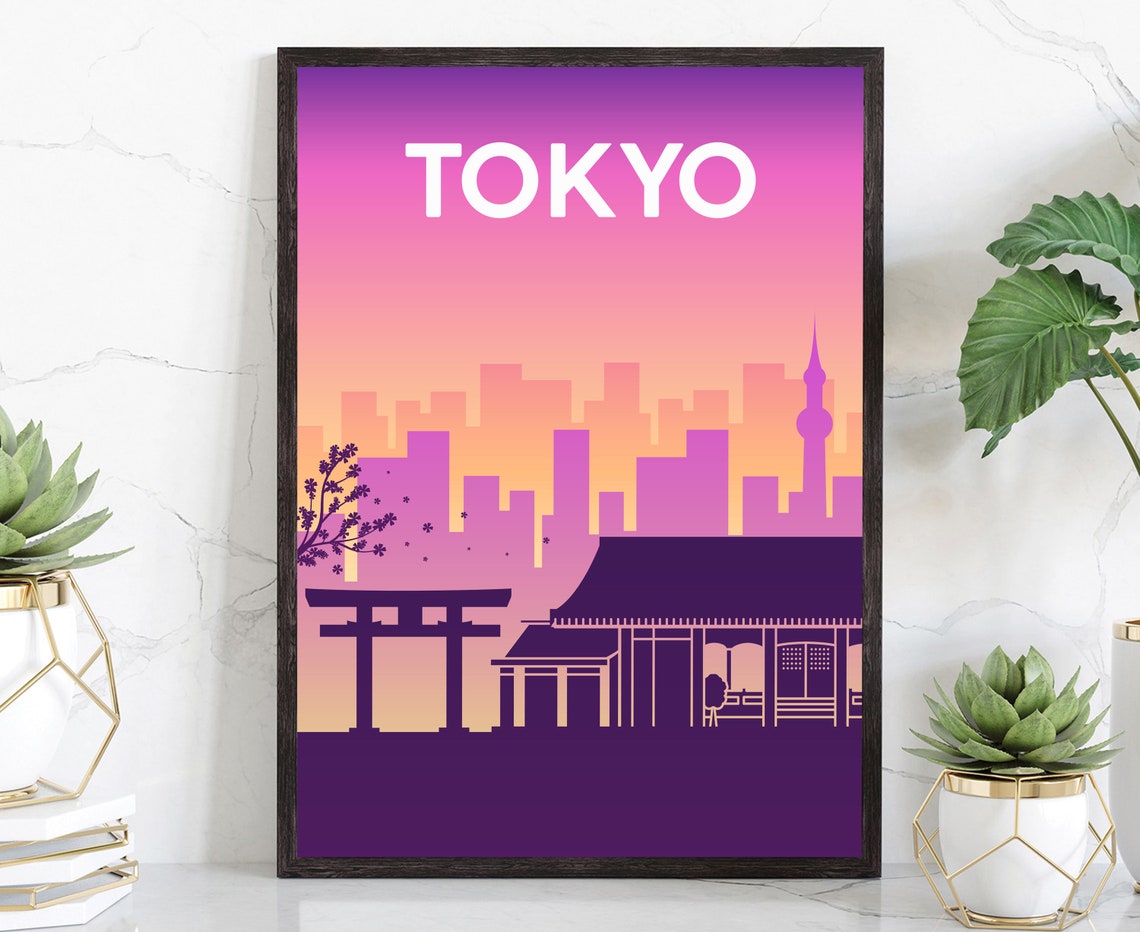 Tokyo Japan Torii Gate Cherry Blossom Sunset Skyline Silhouette Poster