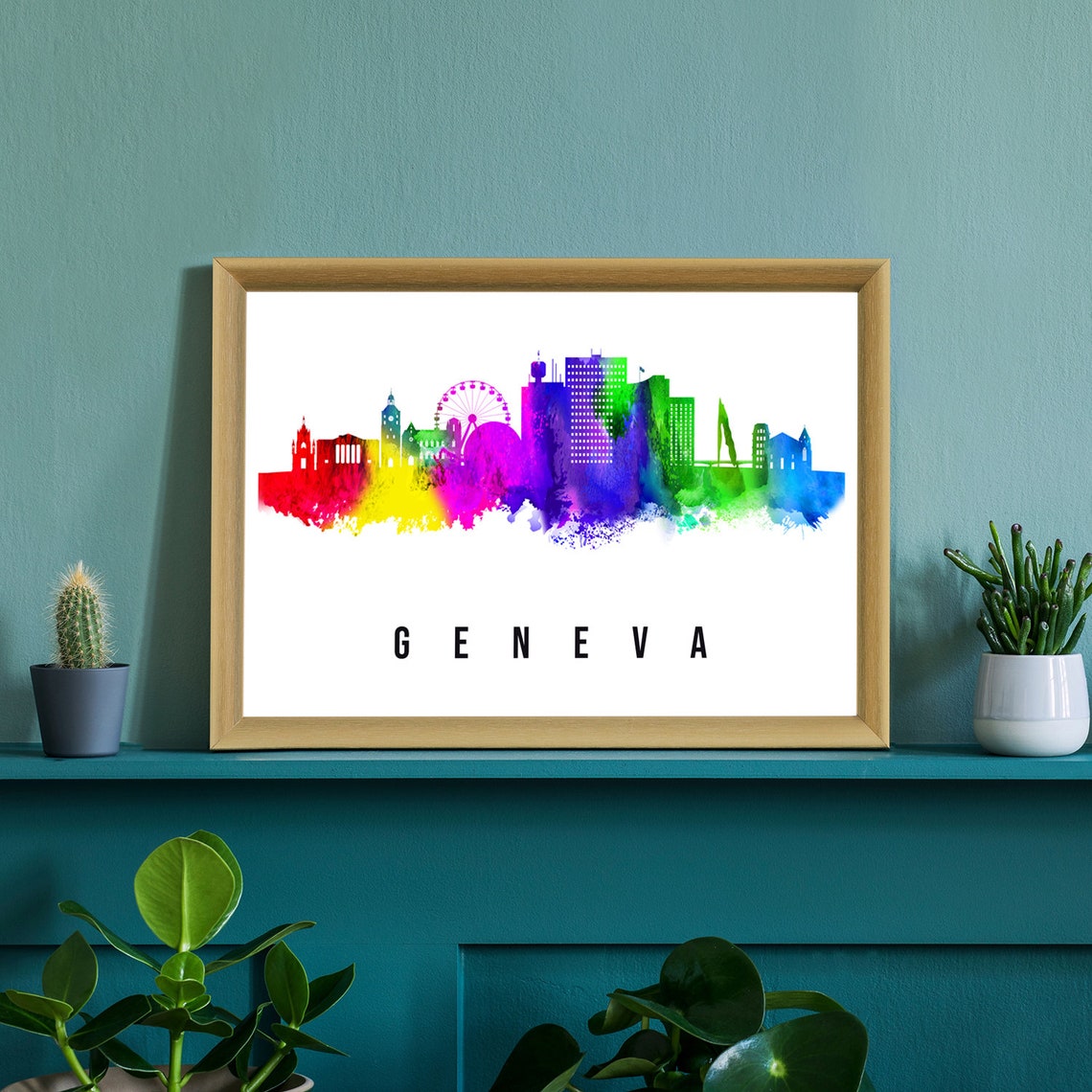 Geneva Switzerland Rainbow Watercolor Skyline Lake View Poster - Image 2