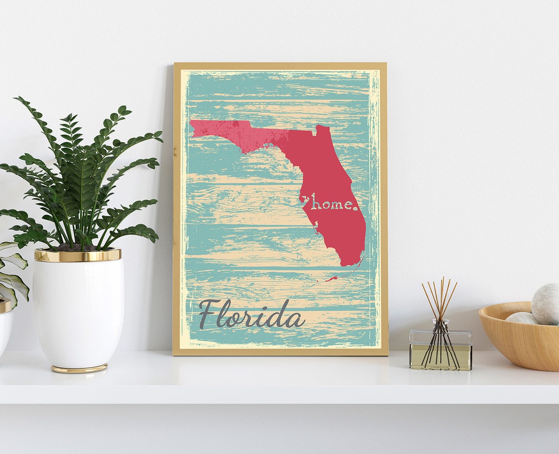 Florida Retro Home Script Vintage Distressed Wood Map Wall Art - Image 3