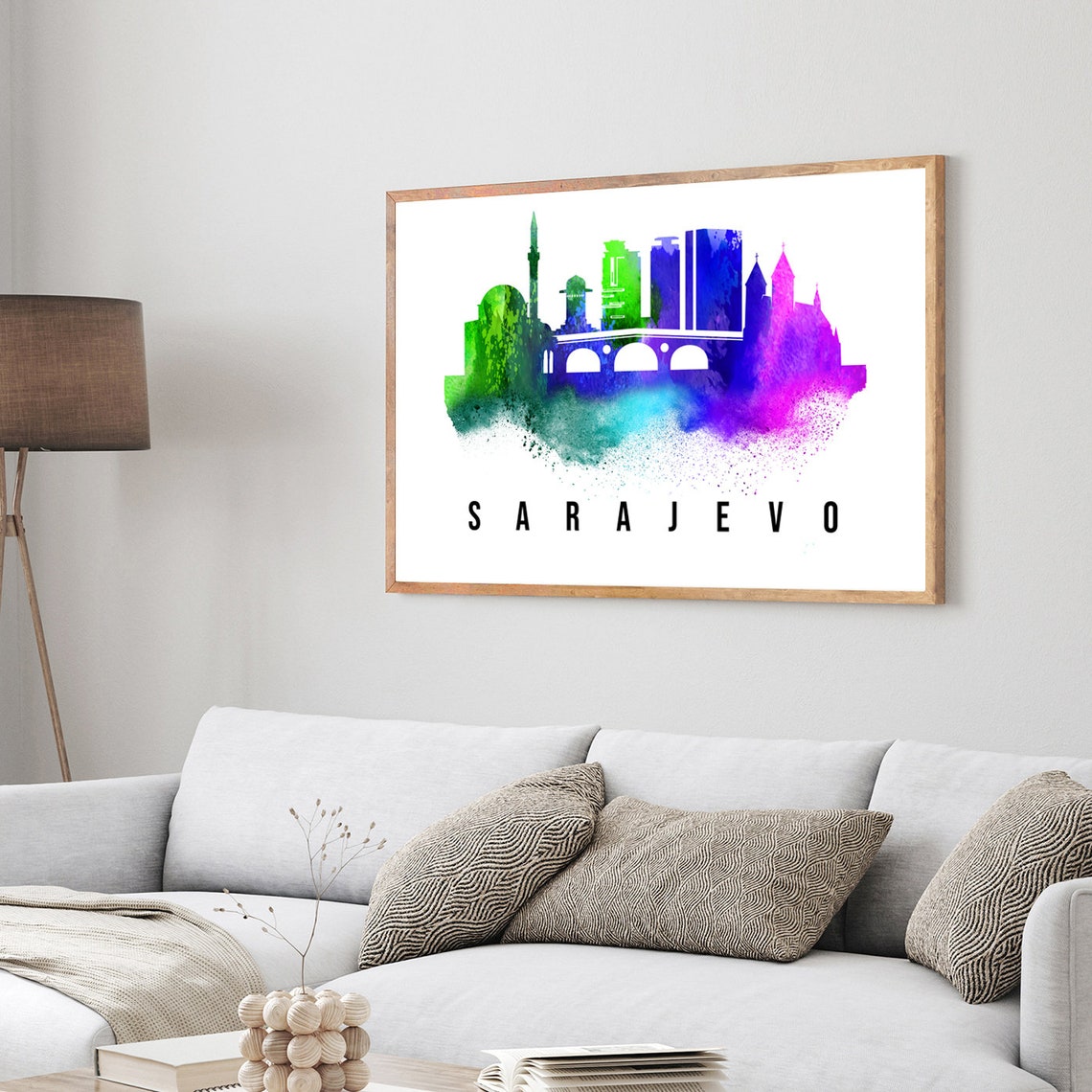 Sarajevo Bosnia Watercolor Skyline Rainbow Landmark Travel Wall Poster - Image 3
