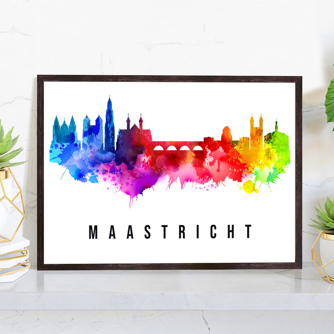 Maastricht Netherlands Rainbow Watercolor Skyline Bridge Towers Art