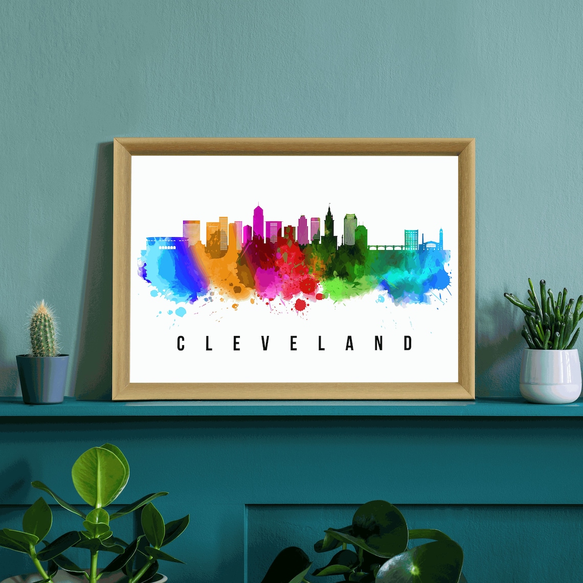 Cleveland Ohio Downtown Blue Watercolor Skyline Art Travel Poster - Image 3
