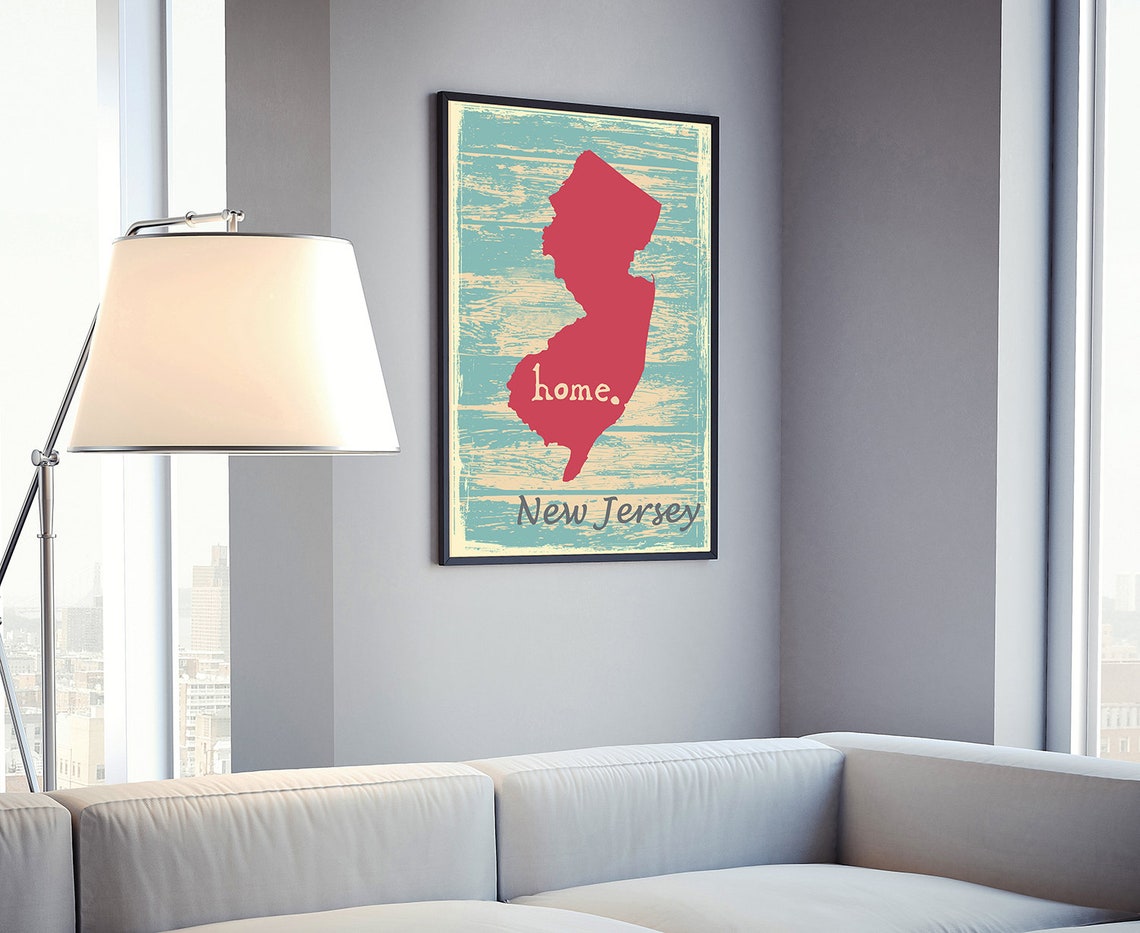 New Jersey Home State Silhouette Rustic Teal Coral Map Wall Poster - Image 4