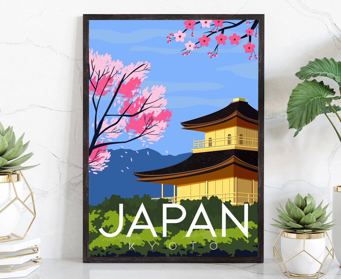 Kyoto Japan Golden Pavilion Temple Cherry Blossom Spring Travel Poster