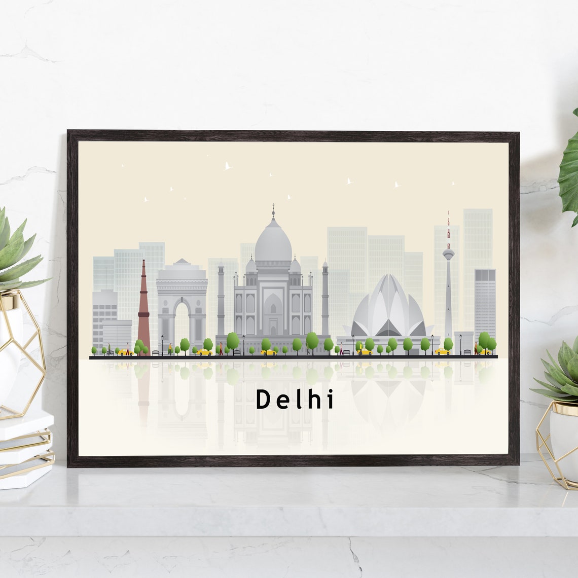 Delhi India India Gate Lotus Temple Skyline Illustration Poster