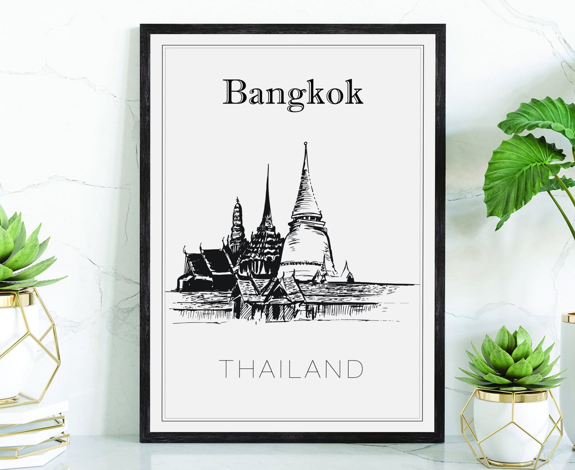 Bangkok Thailand Temple Stupa Spires Old Town Hand Sketch Poster