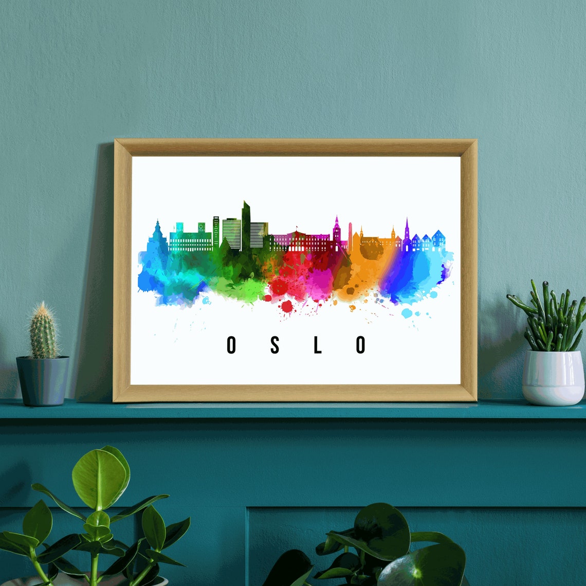 Oslo Norway Rainbow Watercolor City Skyline Silhouette Art Poster - Image 3