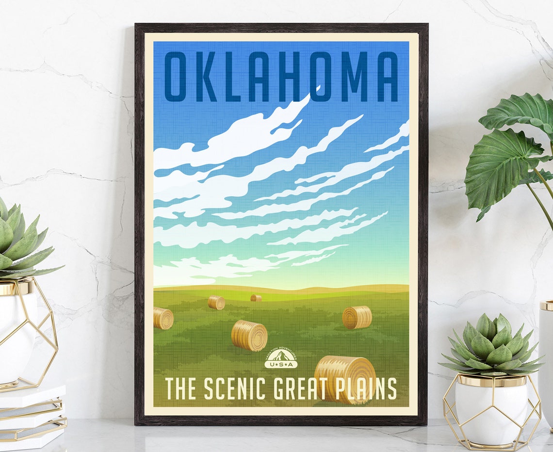 Oklahoma Scenic Great Plains Hay Bales Blue Sky Retro Travel Poster