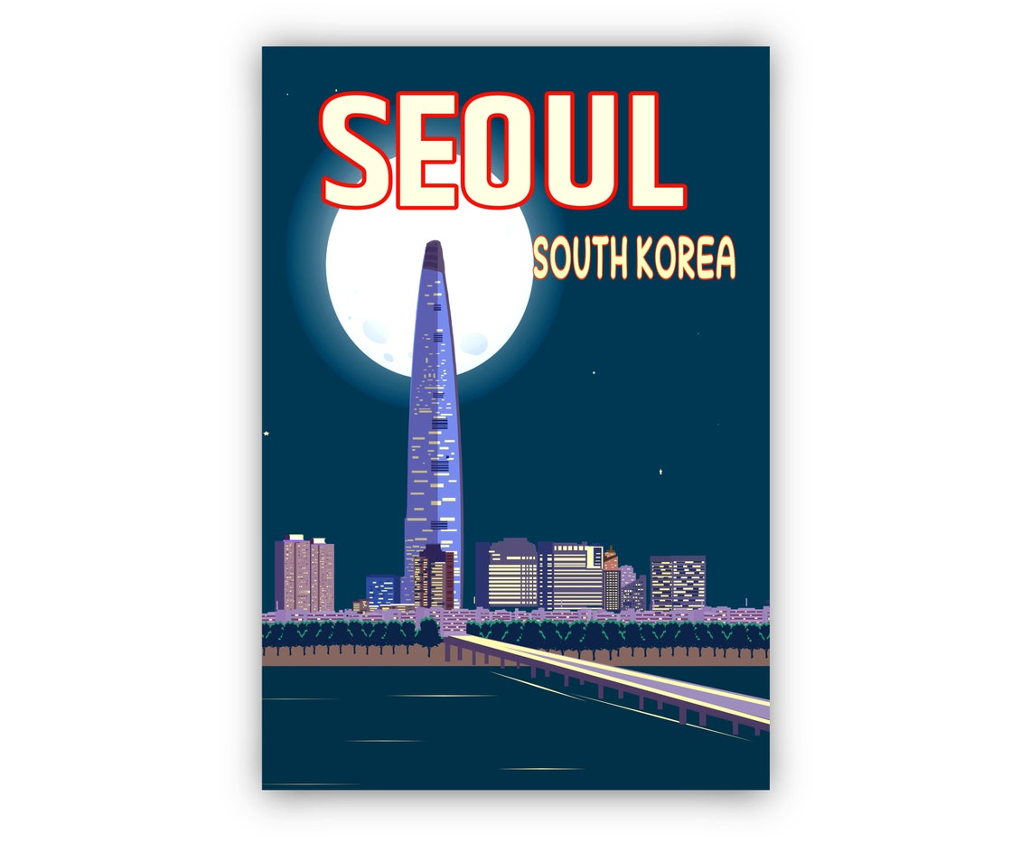 Seoul South Korea Night Skyline Full Moon Cityscape Travel Poster - Image 2