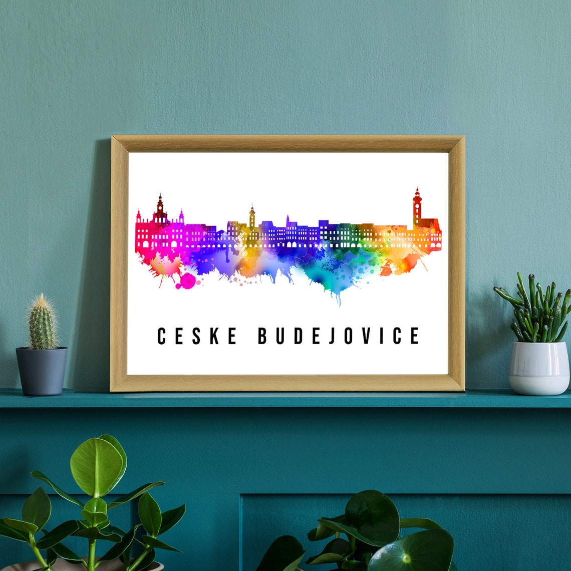 Ceske Budejovice Czechia Rainbow Watercolor Skyline Travel Poster - Image 3