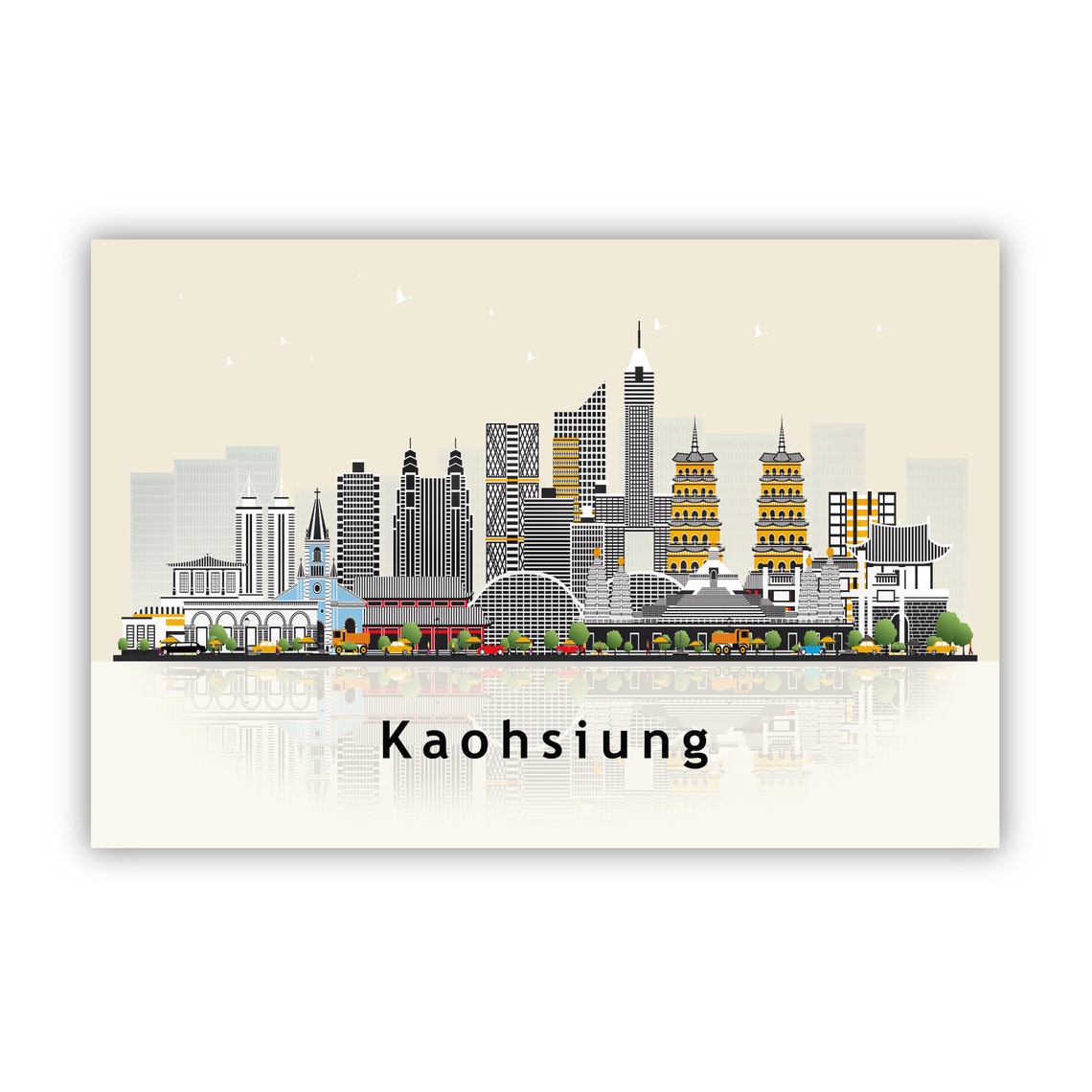 Kaohsiung Taiwan Giant Buddha Night Skyline Illustration Art Poster - Image 2