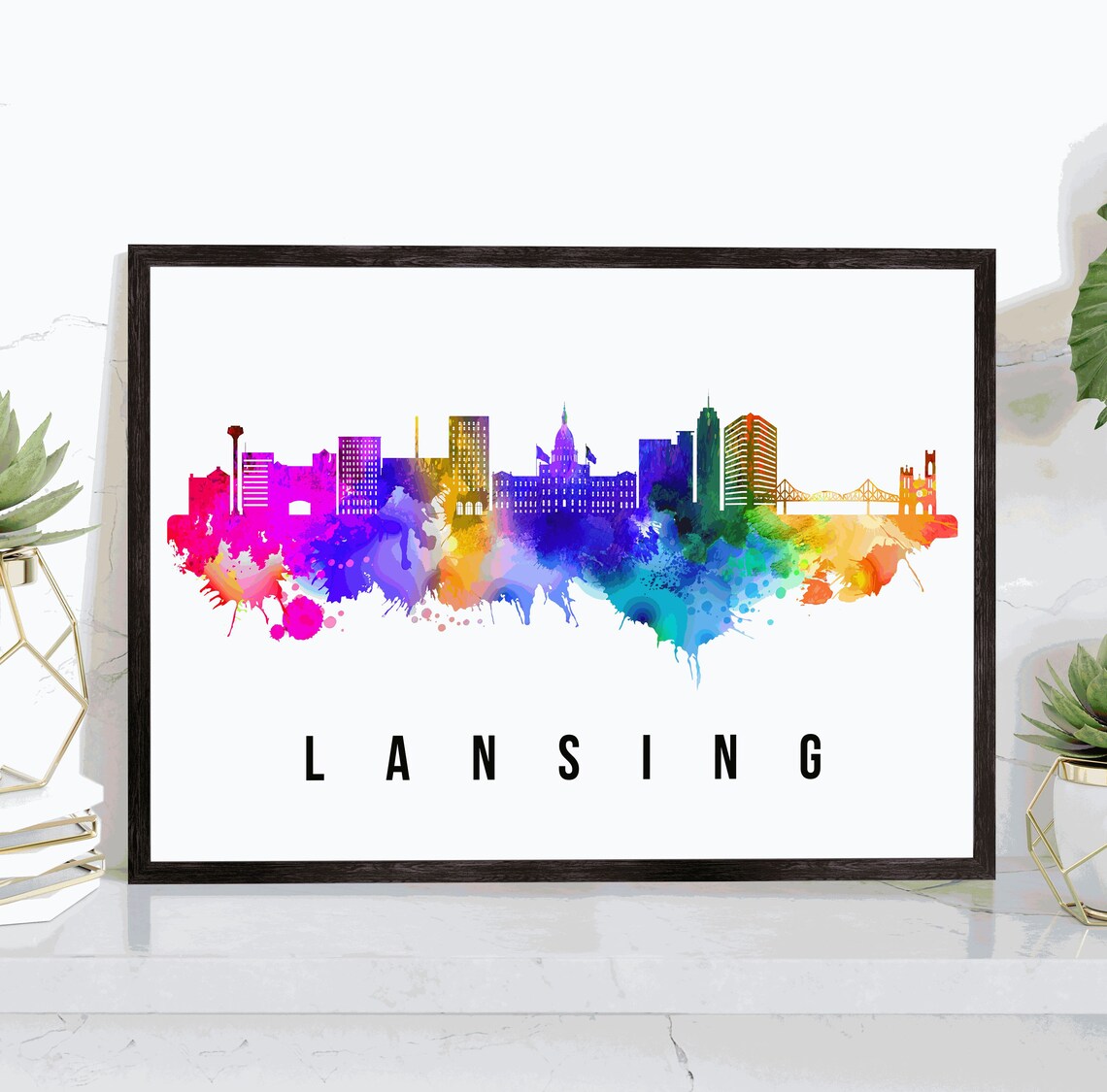 Lansing Michigan Rainbow Watercolor Skyline Cityscape Art Poster