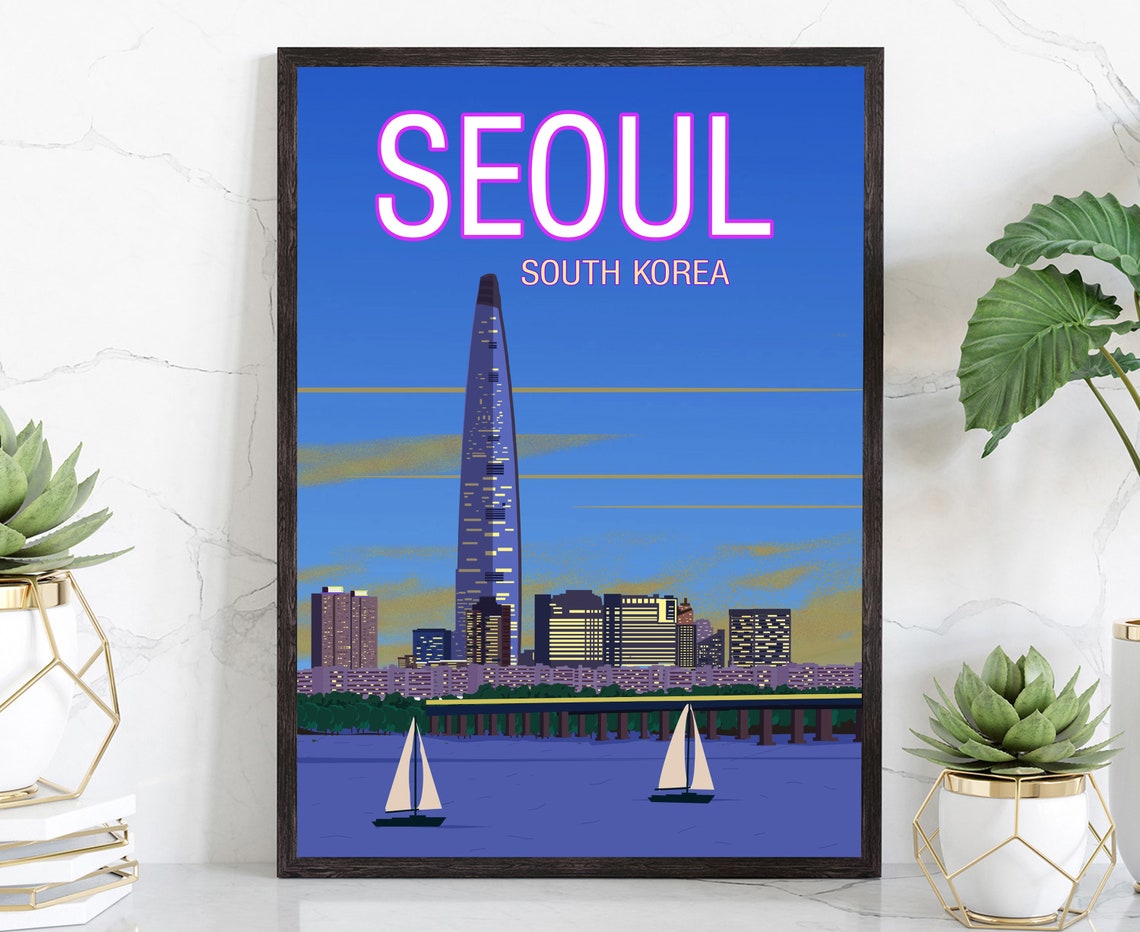 Seoul South Korea Lotte Tower Night Skyline Han River Travel Poster