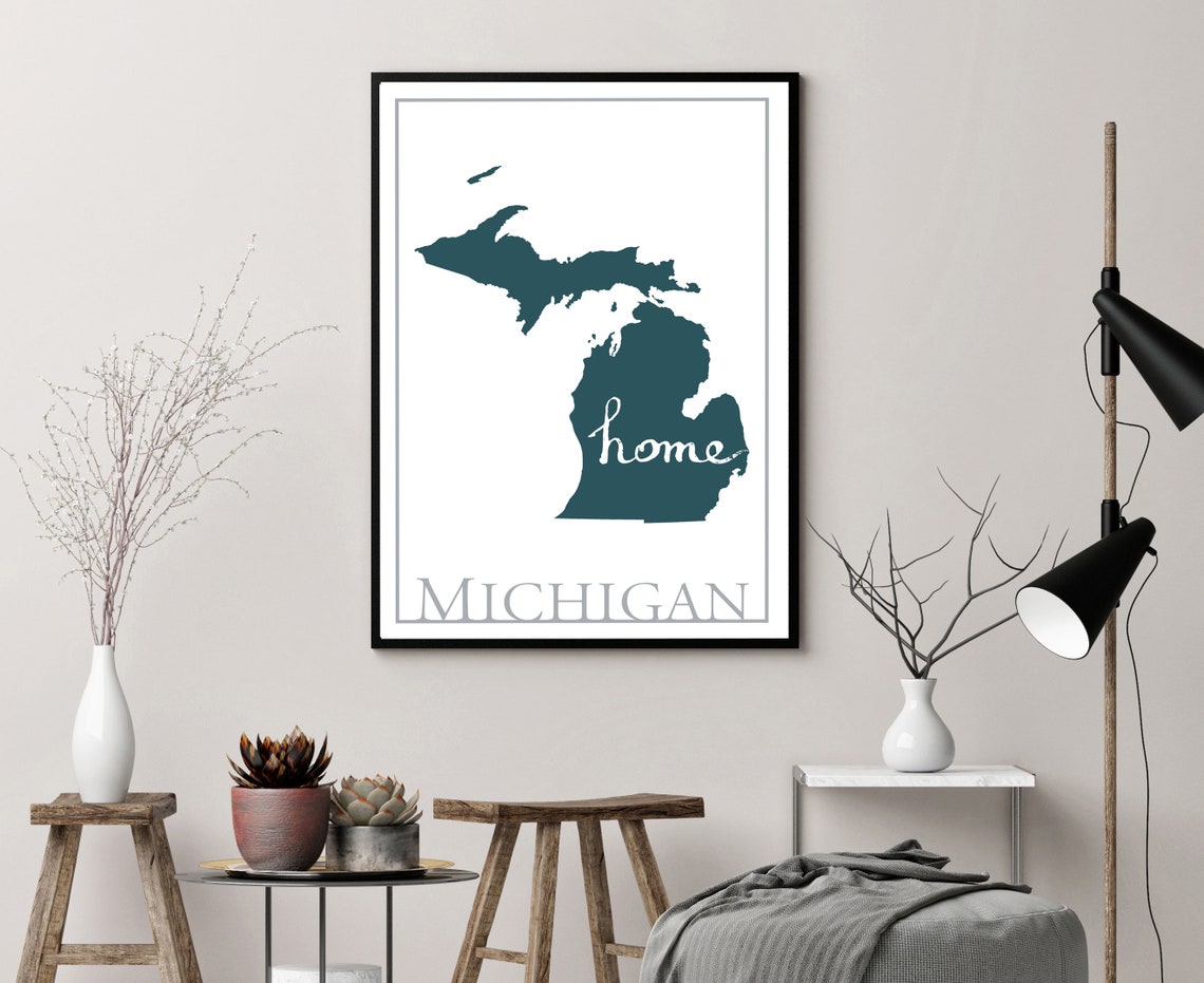 Michigan State Silhouette Home Script Teal Map Modern Travel Poster - Image 3