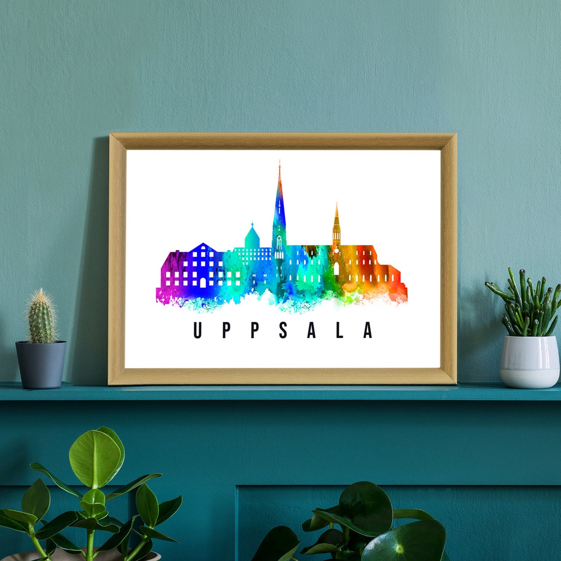 Uppsala Sweden Rainbow Watercolor Old Town Skyline Travel Poster - Image 2