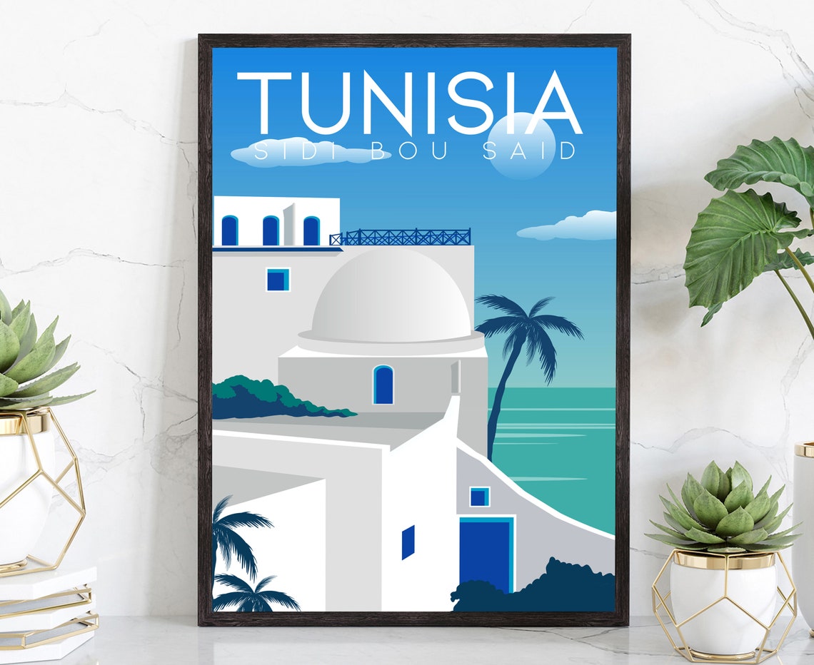 Tunisia Sidi Bou Said White Blue Coastal Village Travel Poster